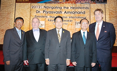 (L to R) Pandit Chanapai, THAI commercial executive vice president; Bert Van Walbeek, PATA Thailand Chapter; Piyasvasti Amranand, THAI president; Suraphon Svestasreni, governor of the Tourism Authority of Thailand; and Martin Craigs, PATA CEO.